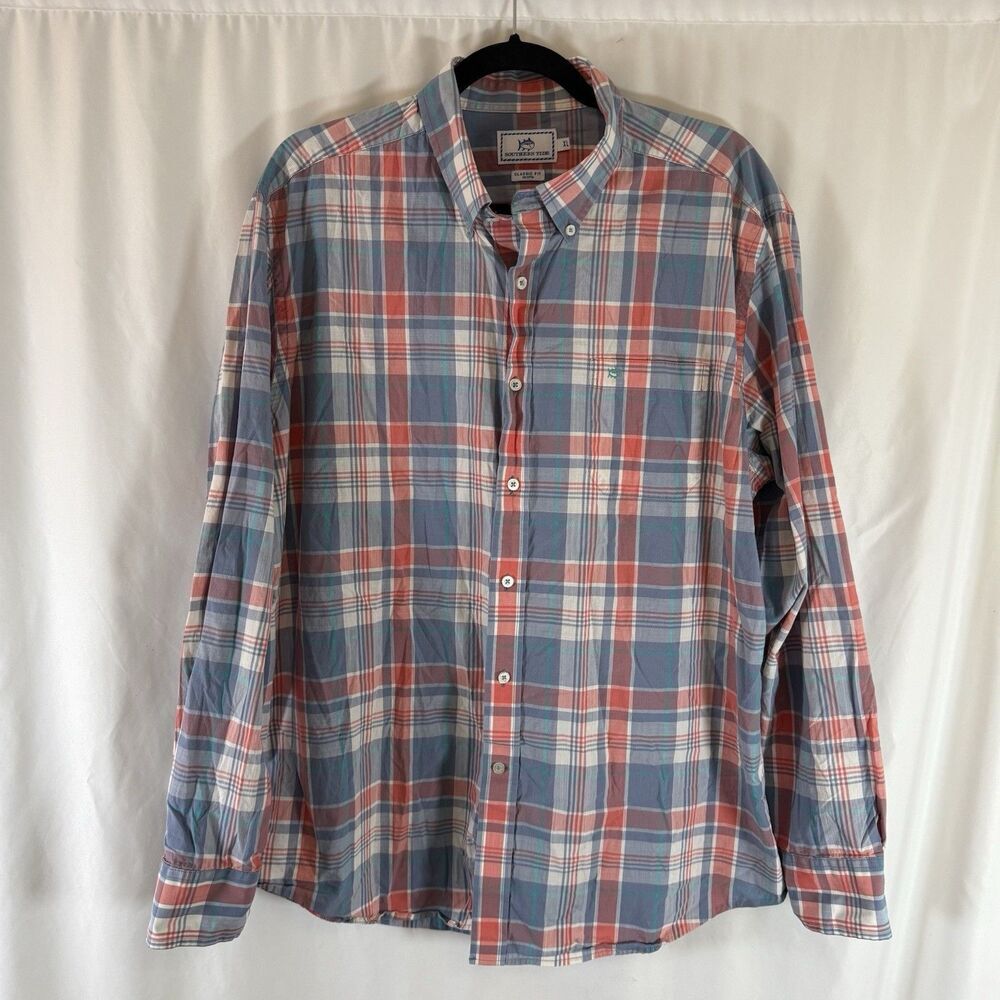 Southern Tides Shirt Men's XL Blue Coral Plaid Button Up Long Sleeve Classic Fit